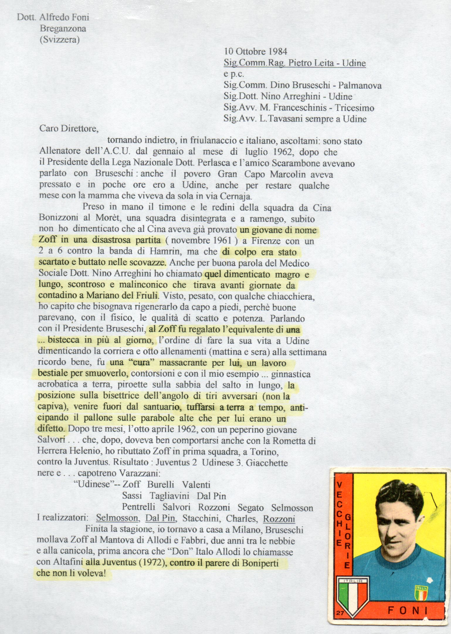Dino  Zoff lettera scritta da Foni allenatore dell'Udinese